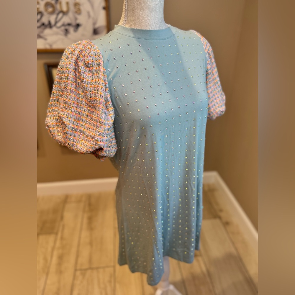 New! QUEEN OF SPARKLES Pale Blue Tweed Poof Sleeve Tee Dress